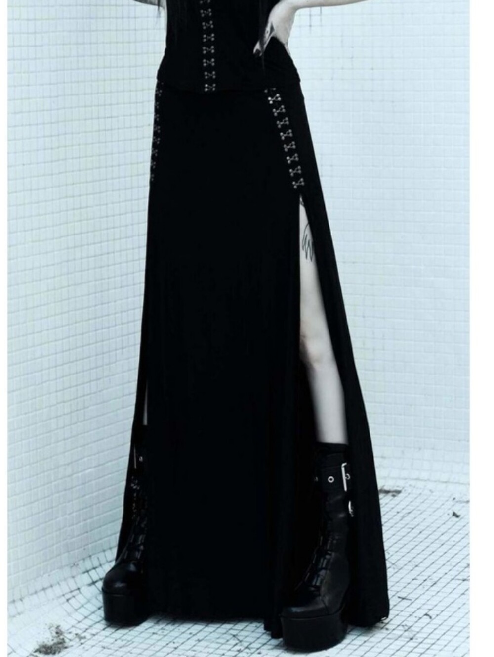 Black Gothic Maxi Skirt with Eyelet Detail - Unbranded